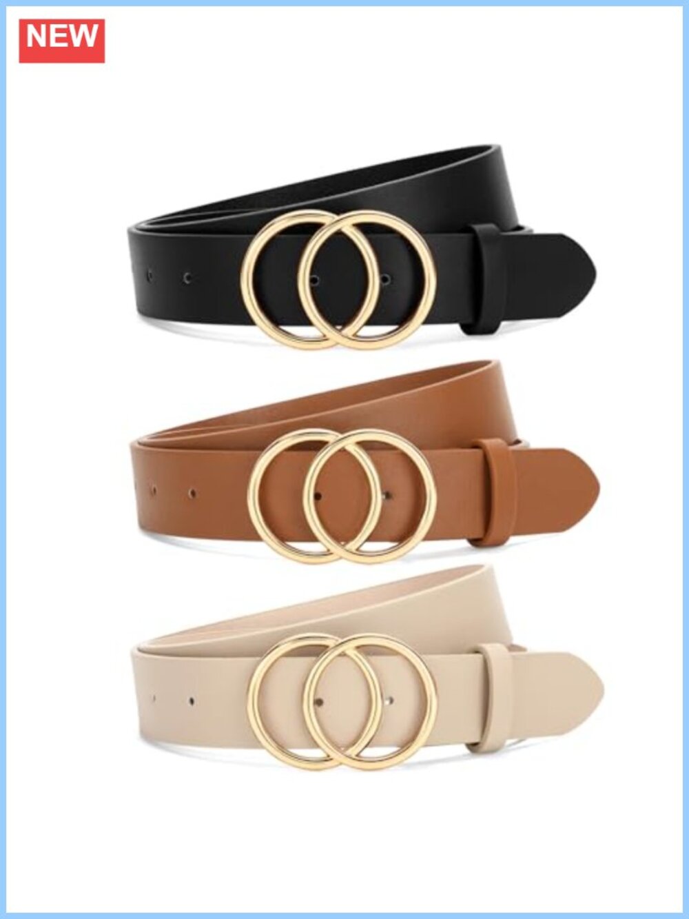 3 Pack Women's Faux Leather Waist Belts with Double O-Ring Gold Buckle